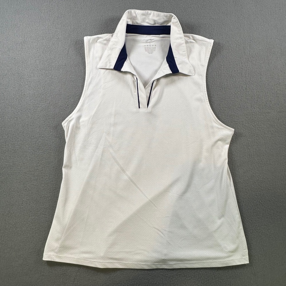 Gottex Womens Sleeveless Golf Polo Shirt White Navy Blue Trim Size Large